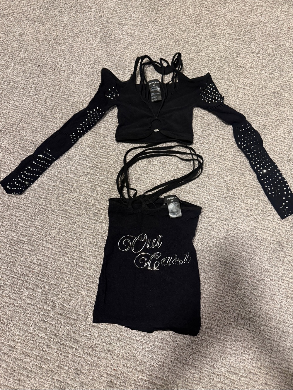 Outcast Black Studded Cold-Shoulder Crop Top with Strappy Detail -